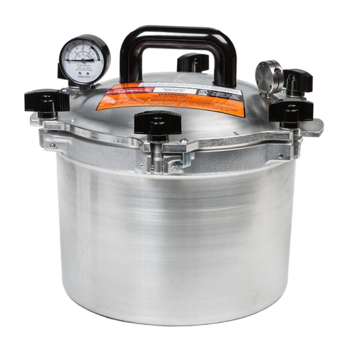 Heavy-duty pressure canner with polished aluminum body, black handle, pressure gauge, and locking knobs, ideal for food preservation and homesteading in Farm, Garden & Tool and Kitchen & Food collections.