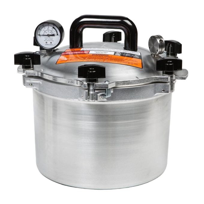Heavy-duty pressure canner with polished aluminum body, black handle, pressure gauge, and locking knobs, ideal for food preservation and homesteading in Farm, Garden & Tool and Kitchen & Food collections.