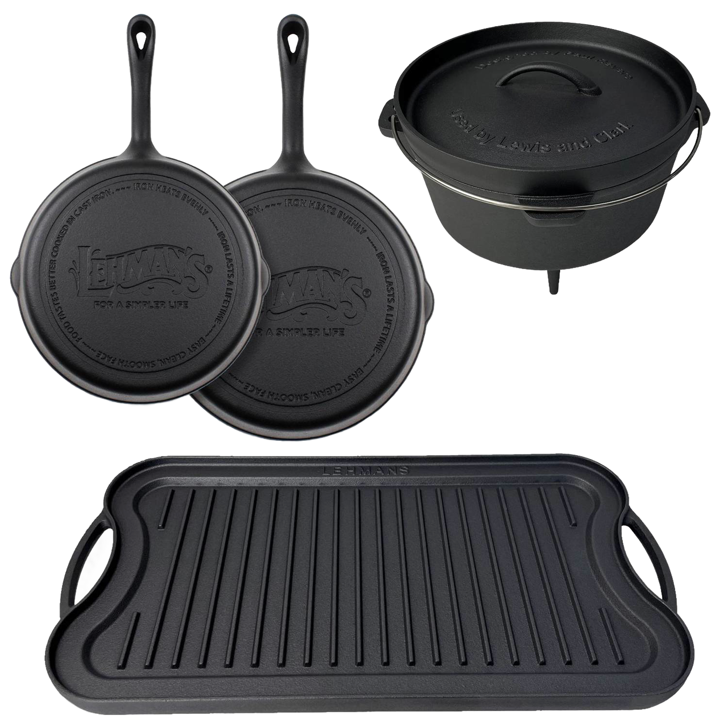 Unique handcrafted nitrided cast iron campfire cooking set featuring 10" skillets, ridged griddle, and 4.5 qt Dutch oven with lid and tripod legs, ideal for Farm, Garden & Tool, Kitchen & Food, Camping, Cast Iron, and Best Sellers collections.
