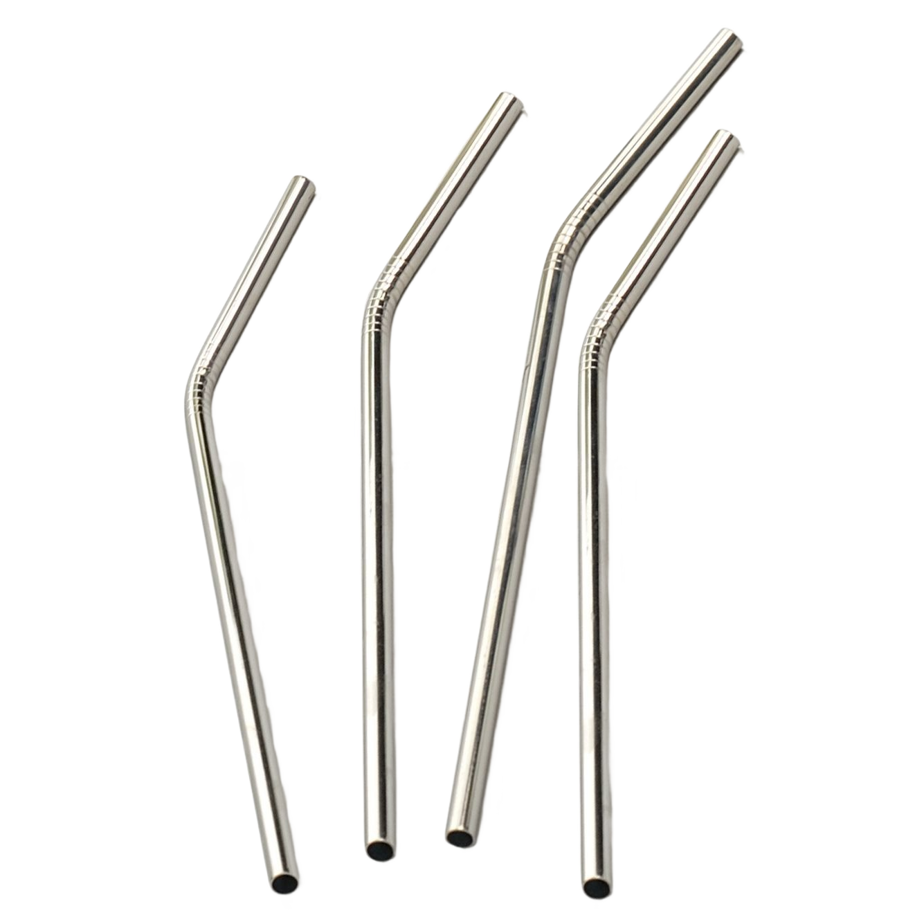 Set of four polished stainless steel reusable drinking straws with bent and straight designs, ideal for Kitchen & Food, Dinnerware, Kitchen Gadgets, Kitchen Accessories, Best Sellers, and Promo Eligible collections.
