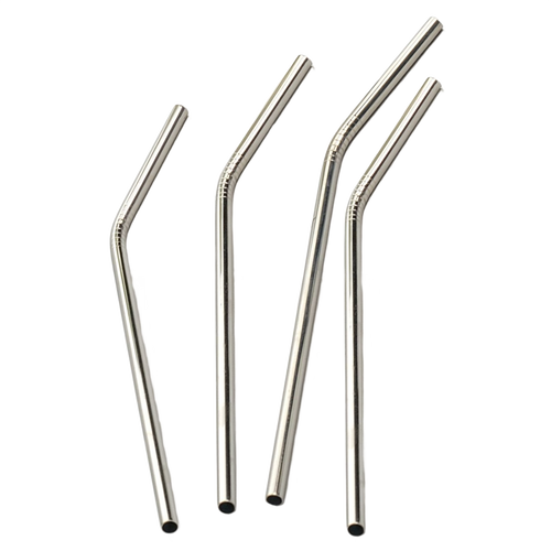 Set of four polished stainless steel reusable drinking straws with bent and straight designs, ideal for Kitchen & Food, Dinnerware, Kitchen Gadgets, Kitchen Accessories, Best Sellers, and Promo Eligible collections.