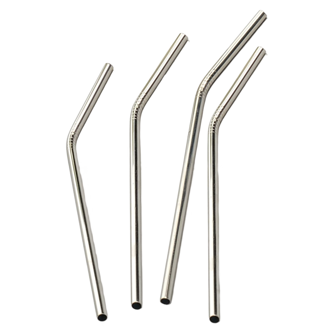 Set of four polished stainless steel reusable drinking straws with bent and straight designs, ideal for Kitchen & Food, Dinnerware, Kitchen Gadgets, Kitchen Accessories, Best Sellers, and Promo Eligible collections.