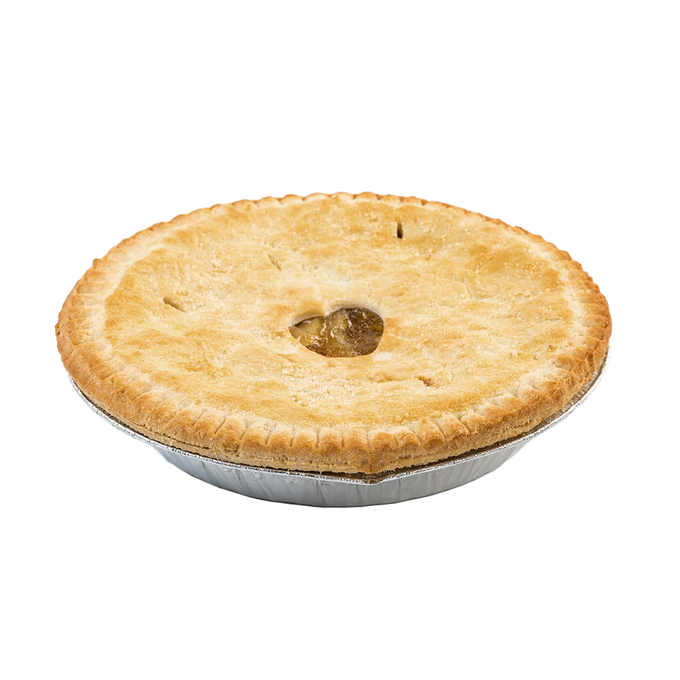 Handcrafted freshly baked apple pie with a golden brown crust in a foil pan, perfect for kitchen, pantry, snacks and sweets, and USA made best sellers collections.