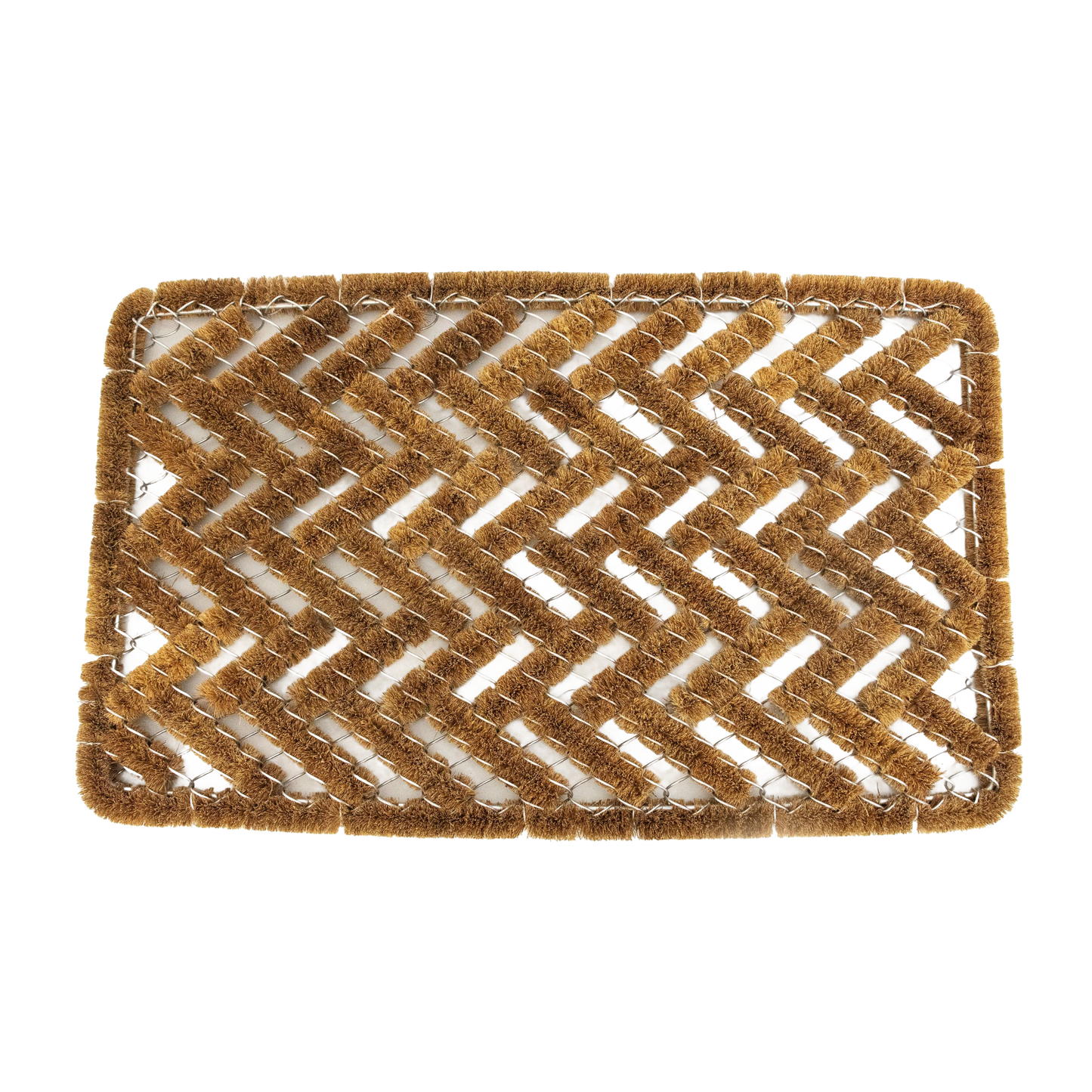 Handcrafted bootscraper rug featuring stiff natural coconut fibers woven in a chevron pattern with wire brushes, designed for effective shoe cleaning, part of Home & Decor, Home Textiles, Best Sellers, and Promo Eligible collections.