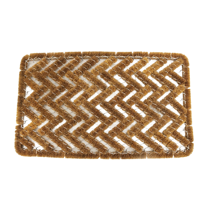 Handcrafted bootscraper rug featuring stiff natural coconut fibers woven in a chevron pattern with wire brushes, designed for effective shoe cleaning, part of Home & Decor, Home Textiles, Best Sellers, and Promo Eligible collections.