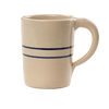Tall handcrafted stoneware mug in natural color with double blue stripes, lead-free, sturdy handle, ideal for kitchen and brewing coffee, made in USA and featured in best sellers.