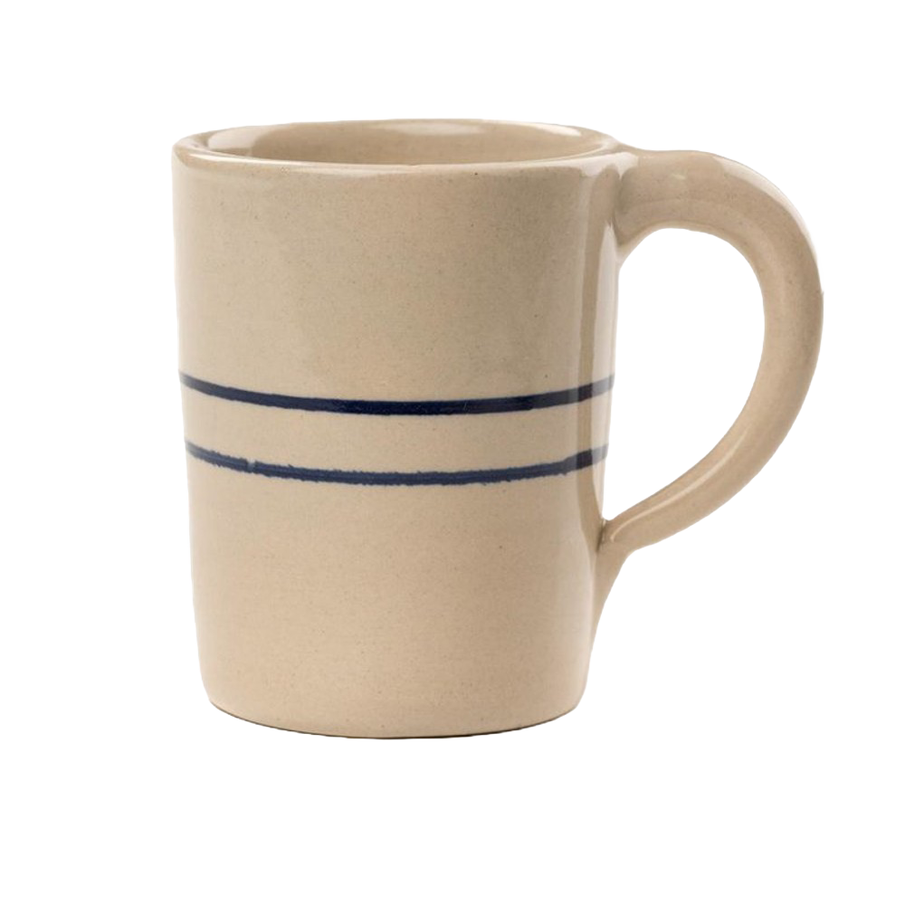 Tall handcrafted stoneware mug in natural color with double blue stripes, lead-free, sturdy handle, ideal for kitchen and brewing coffee, made in USA and featured in best sellers.