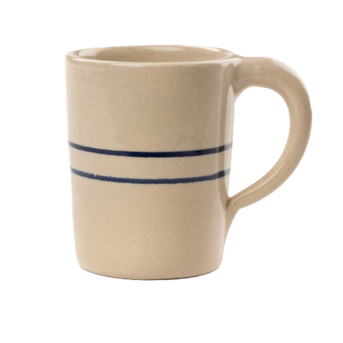 Tall handcrafted stoneware mug in natural color with double blue stripes, lead-free, sturdy handle, ideal for kitchen and brewing coffee, made in USA and featured in best sellers.