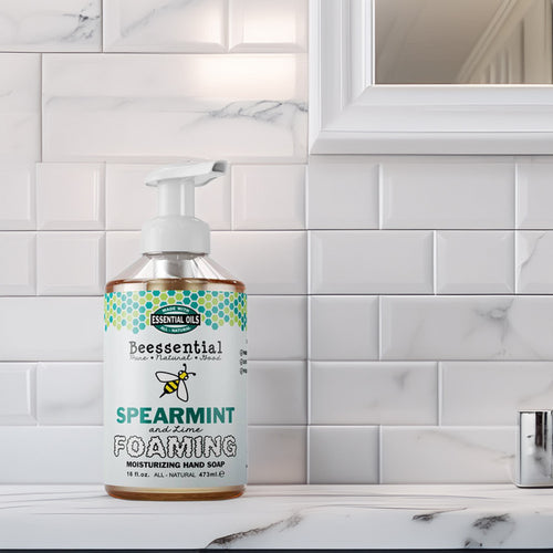 16 fl oz pump bottle of handcrafted moisturizing foaming hand soap in spearmint and lime scent, made in small batches in Ohio, USA, ideal for Health & Wellness, Soaps, USA Made, and Best Sellers collections