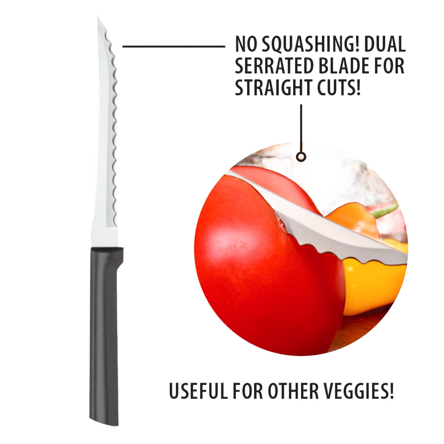 Handcrafted Rada tomato slicer with hand-sharpened high carbon surgical stainless steel serrated blade and solid aluminum handle, designed for precise slicing in food prep and kitchen collections.