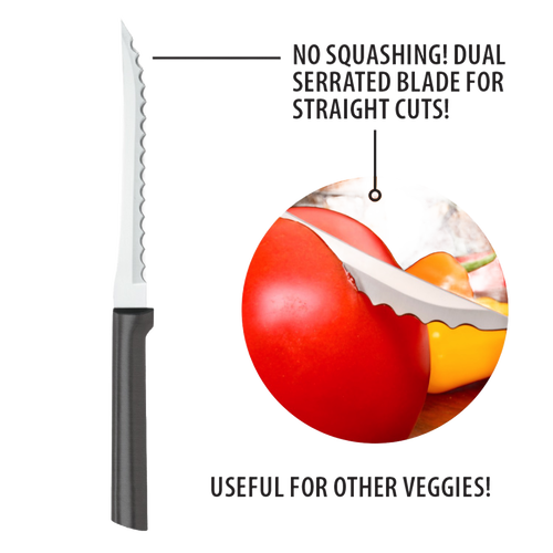 Handcrafted Rada tomato slicer with hand-sharpened high carbon surgical stainless steel serrated blade and solid aluminum handle, designed for precise slicing in food prep and kitchen collections.