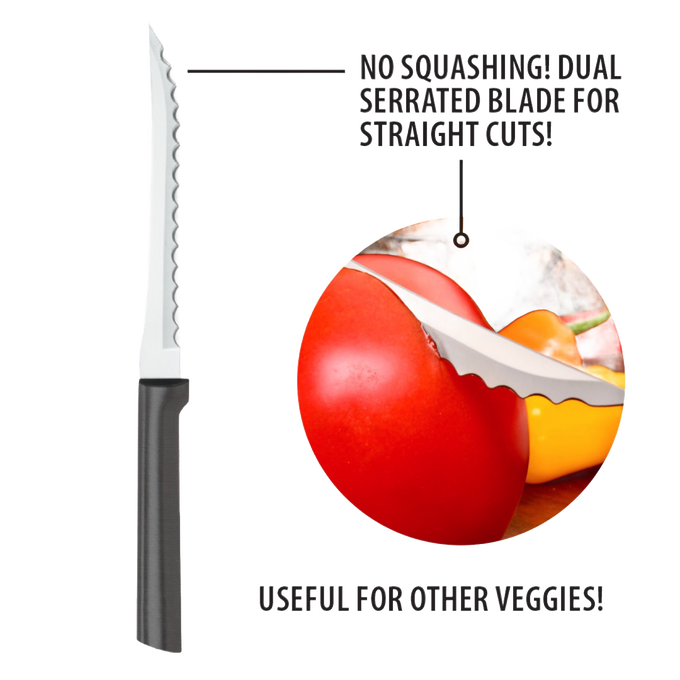 Handcrafted Rada tomato slicer with hand-sharpened high carbon surgical stainless steel serrated blade and solid aluminum handle, designed for precise slicing in food prep and kitchen collections.