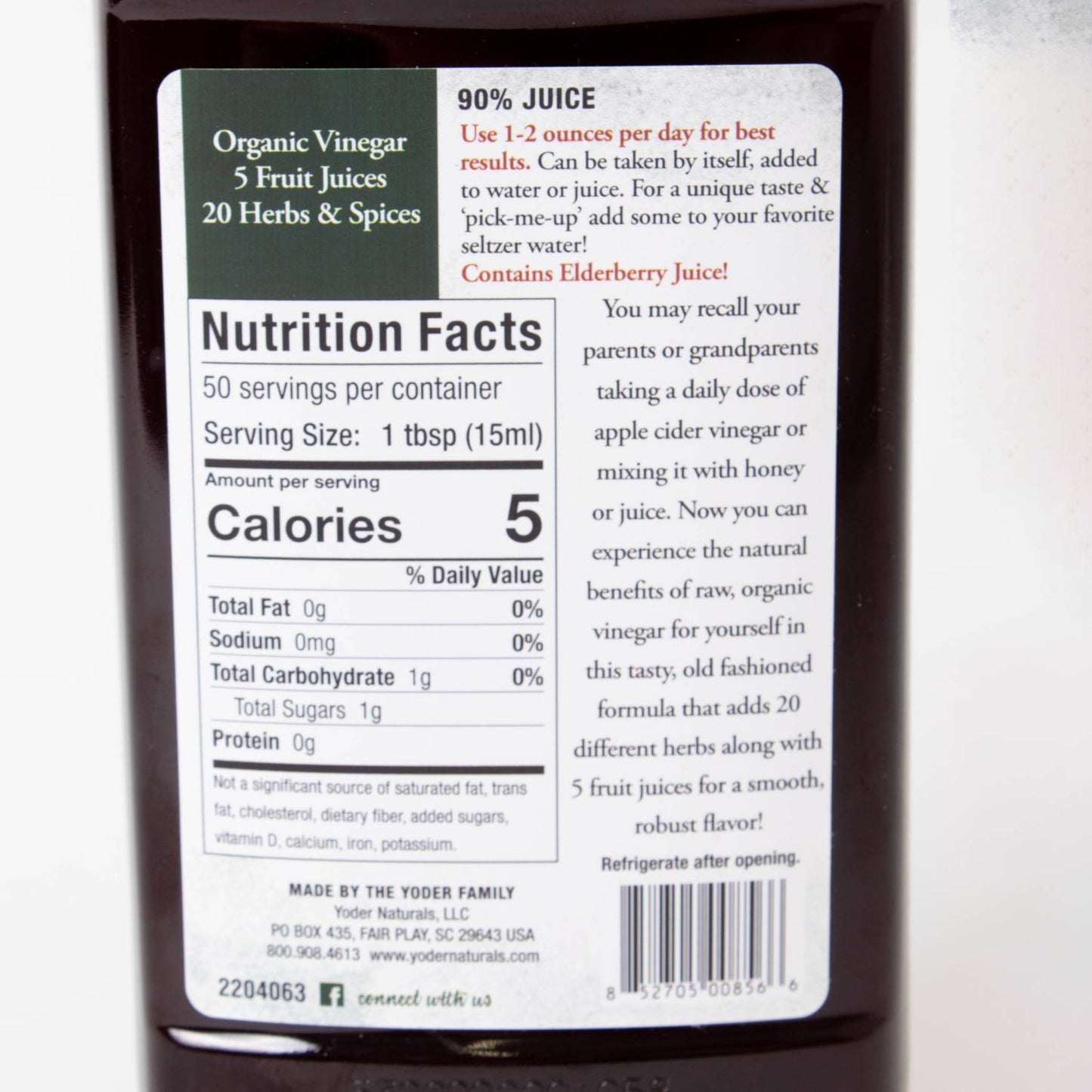 Handcrafted health tonic label displaying nutrition facts and usage instructions for a raw organic vinegar blend with 20 herbs, 5 fruit juices, in Health & Wellness, USA Made, and Best Sellers collections.