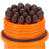 Close-up of waterproof orange container holding tightly packed dark brown weather-resistant match heads, designed for reliable outdoor use in Camping, Emergency Supplies, and Farm, Garden & Tool collections.