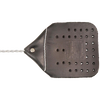Hand-sewn leather fly swatter with 1/8-inch thick tanned cowhide head featuring ventilation holes and attached to an extended wire handle, handcrafted in the USA, ideal for farm, garden, and household pest control.