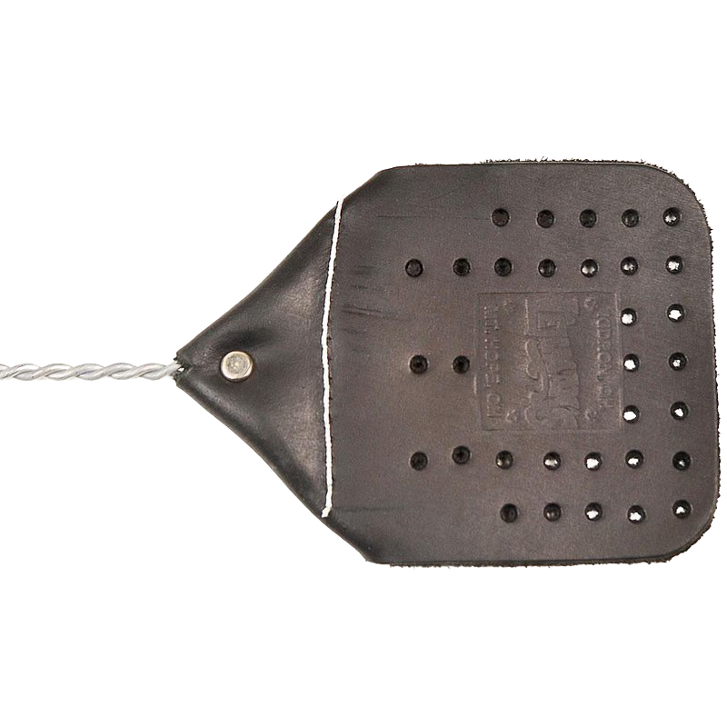 Hand-sewn leather fly swatter with 1/8-inch thick tanned cowhide head featuring ventilation holes and attached to an extended wire handle, handcrafted in the USA, ideal for farm, garden, and household pest control.