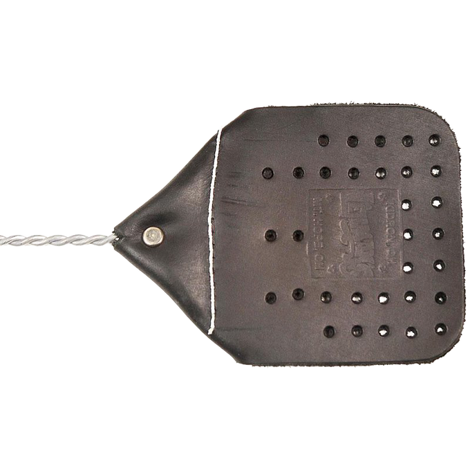 Hand-sewn leather fly swatter with 1/8-inch thick tanned cowhide head featuring ventilation holes and attached to an extended wire handle, handcrafted in the USA, ideal for farm, garden, and household pest control.