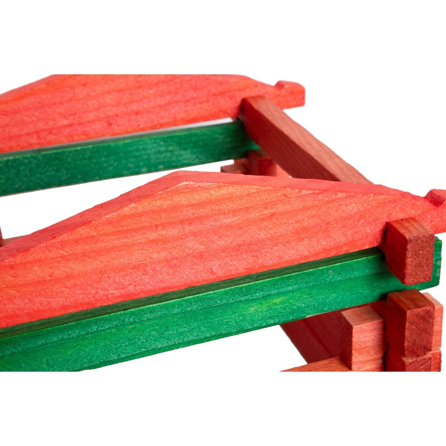 Handcrafted wooden barn roof pieces in red and green with interlocking notches, part of an Amish made wooden playset for imaginative indoor play, USA Made and Toys, Books & Games collections.
