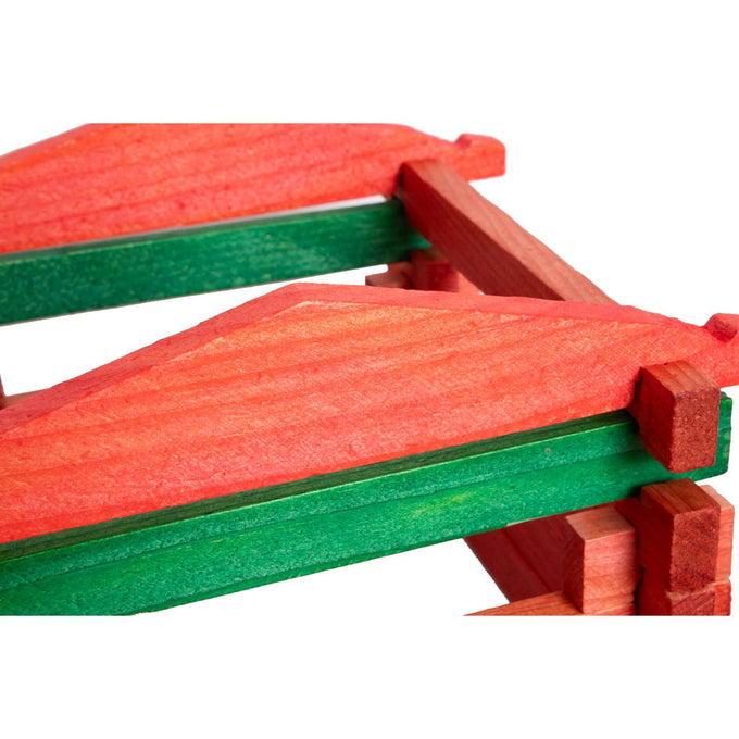 Handcrafted wooden barn roof pieces in red and green with interlocking notches, part of an Amish made wooden playset for imaginative indoor play, USA Made and Toys, Books & Games collections.
