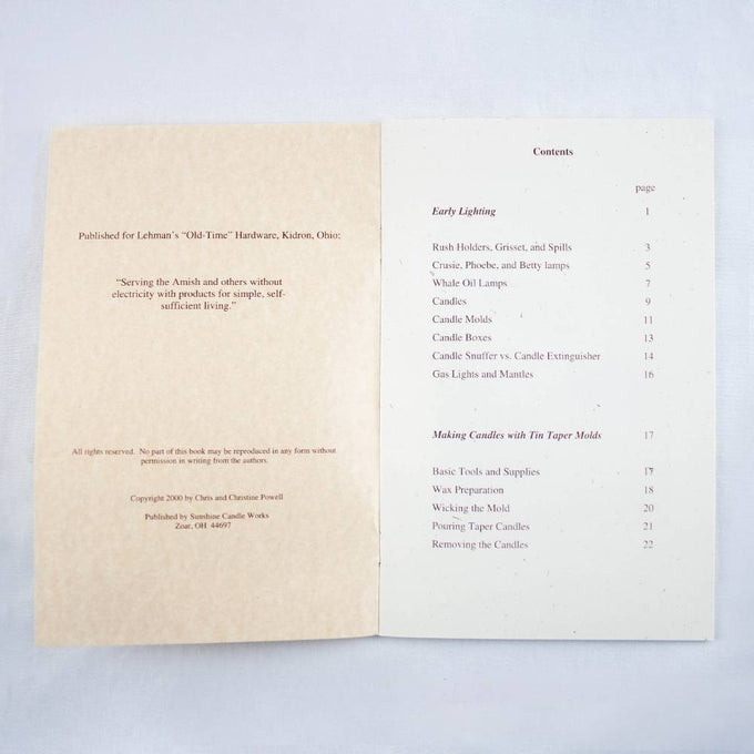 Open booklet showing table of contents listing early lighting methods, candle molds, candle making tools, and instructions, handcrafted and featured in Lamps & Lighting and Candlemaking Supplies collections.