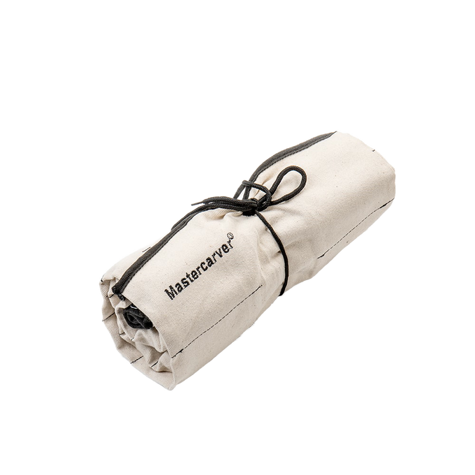 Rolled heavy-duty canvas tool pouch with black trim and tie, designed to hold a 13-piece carving tool starter set for farm, garden, hand tools, and carving knives collections.