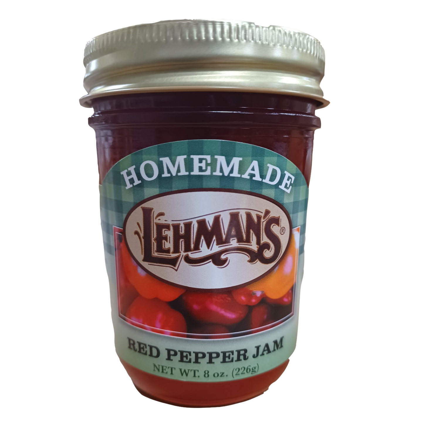 Glass jar of handcrafted Lehman's red pepper jam with all-natural ingredients, Amish made in USA, suitable for Kitchen & Food, Pantry, Peanut Butter & Jellies, and Best Sellers collections.