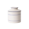 Ceramic ancient-style butter crock with simple blue stripe accents, handcrafted and ideal for keeping butter fresh, suitable for kitchen, homesteading, and specialty equipment collections.