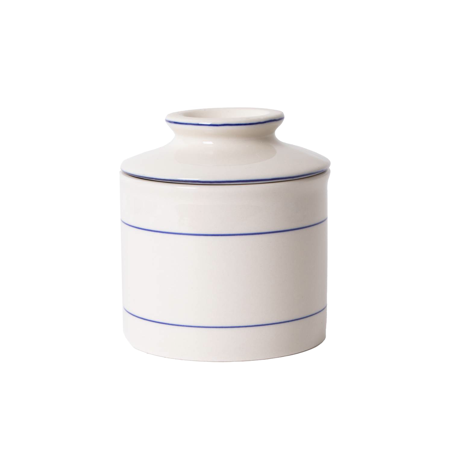 Ceramic ancient-style butter crock with simple blue stripe accents, handcrafted and ideal for keeping butter fresh, suitable for kitchen, homesteading, and specialty equipment collections.