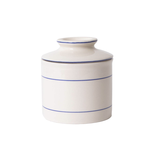 Ceramic ancient-style butter crock with simple blue stripe accents, handcrafted and ideal for keeping butter fresh, suitable for kitchen, homesteading, and specialty equipment collections.