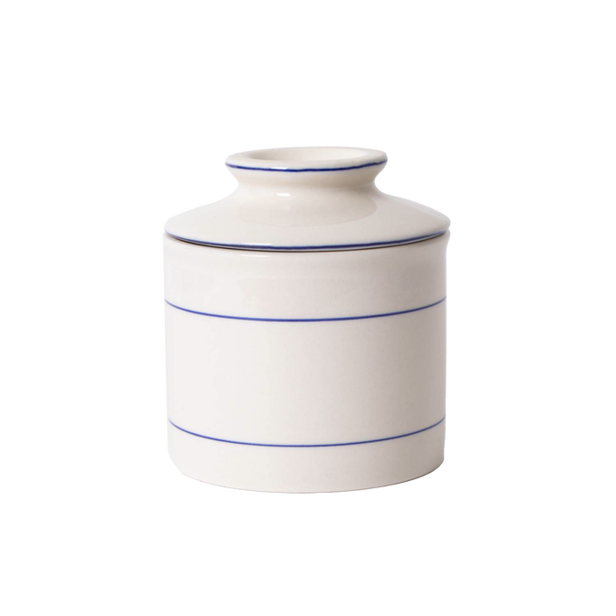 Ceramic ancient-style butter crock with simple blue stripe accents, handcrafted and ideal for keeping butter fresh, suitable for kitchen, homesteading, and specialty equipment collections.