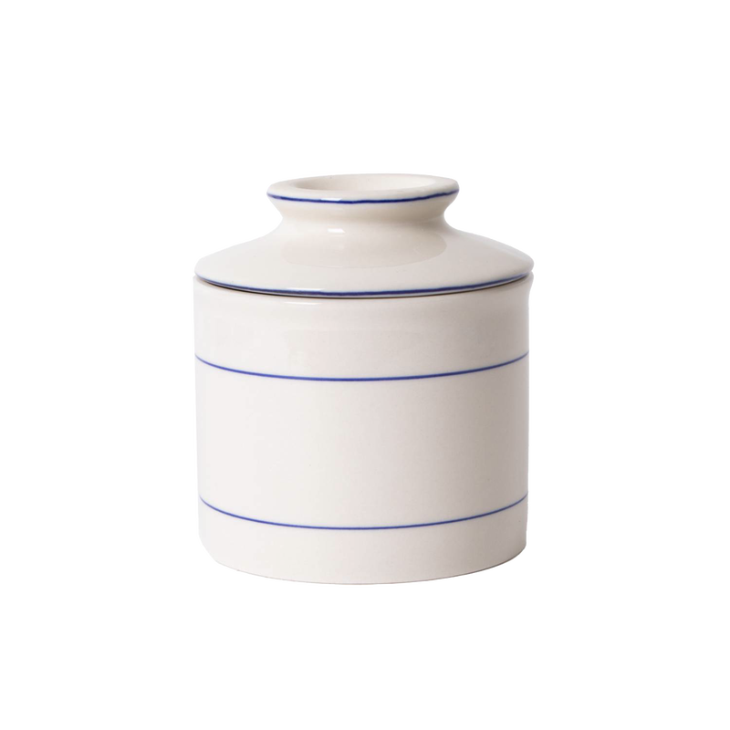 Ceramic ancient-style butter crock with simple blue stripe accents, handcrafted and ideal for keeping butter fresh, suitable for kitchen, homesteading, and specialty equipment collections.