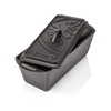 Durable cast iron loaf pan with embossed lid, designed for baking bread, casseroles, and cakes, ideal for kitchen, camping, and cookware collections.
