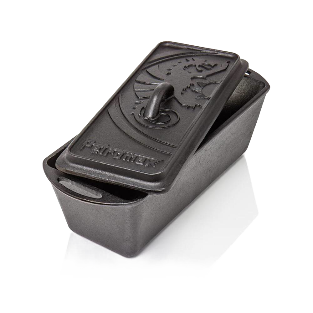 Durable cast iron loaf pan with embossed lid, designed for baking bread, casseroles, and cakes, ideal for kitchen, camping, and cookware collections.