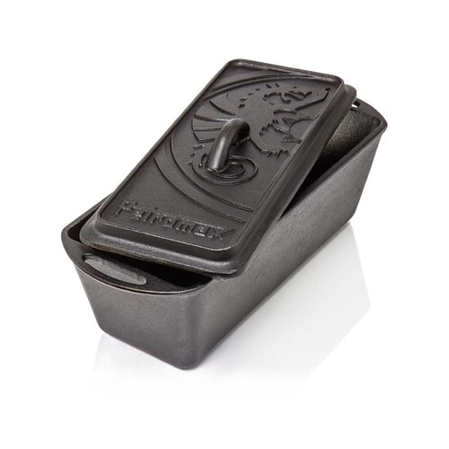 Durable cast iron loaf pan with embossed lid, designed for baking bread, casseroles, and cakes, ideal for kitchen, camping, and cookware collections.