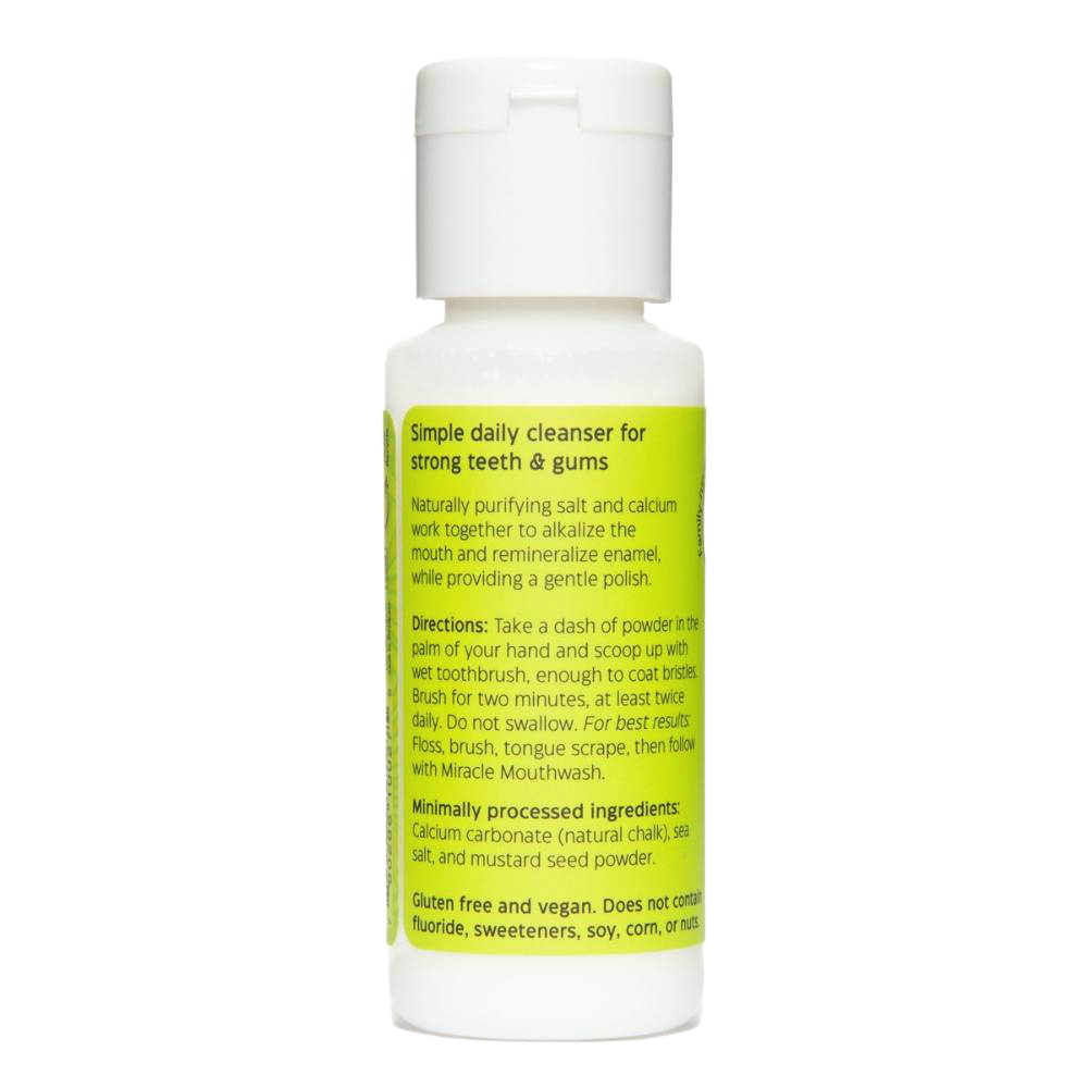 White plastic bottle of natural tooth powder with bright green label detailing daily cleanser benefits, ingredients, and usage instructions, featured in Health & Wellness, Health Remedies, Grooming and Personal Hygiene, USA Made, Best Sellers, and Promo Eligible collections.