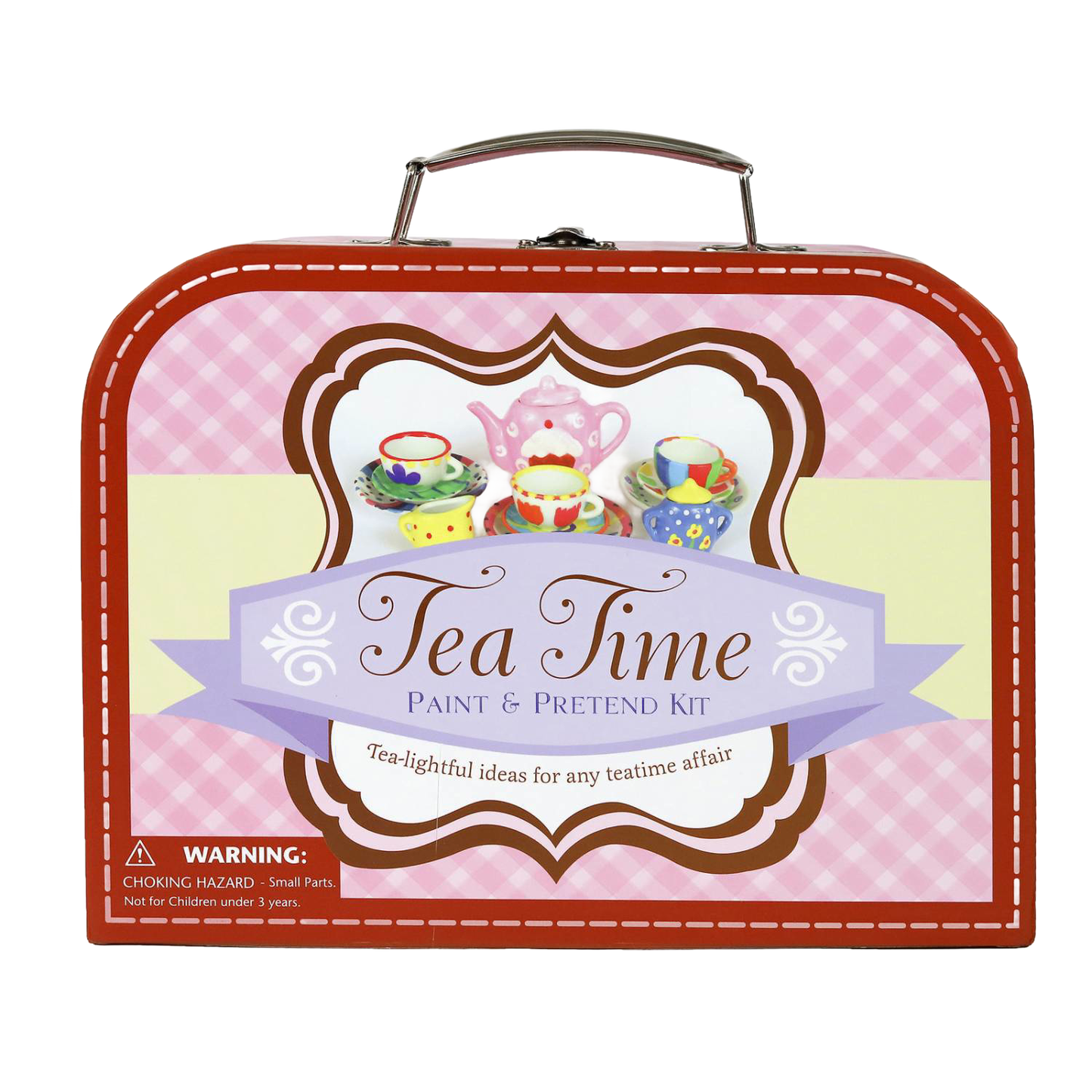 Red and pink gingham patterned metal suitcase featuring a handcrafted 17-piece mini tea set art kit, perfect for creative play in Toys, Children's Toys, and Arts and Crafts collections.