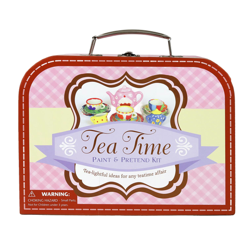 Red and pink gingham patterned metal suitcase featuring a handcrafted 17-piece mini tea set art kit, perfect for creative play in Toys, Children's Toys, and Arts and Crafts collections.