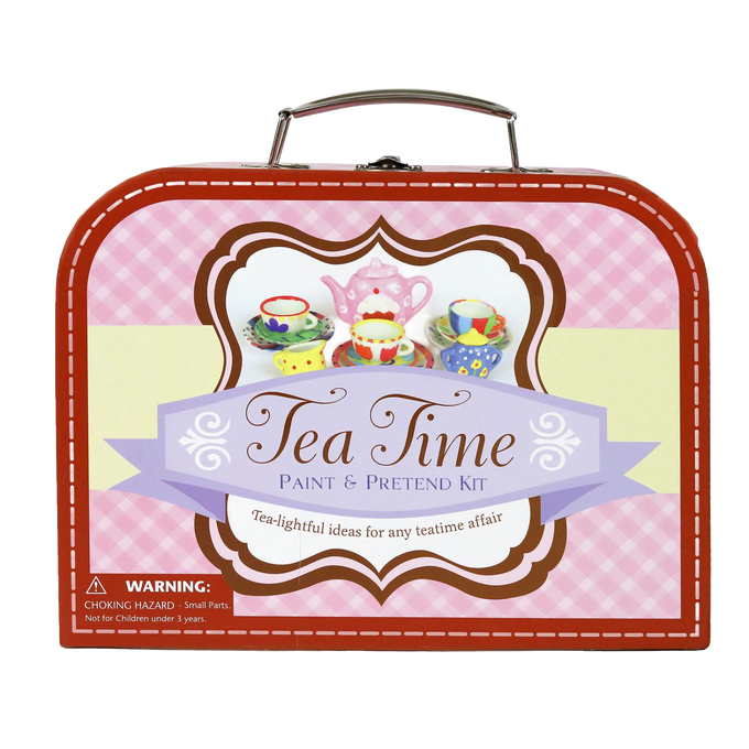 Red and pink gingham patterned metal suitcase featuring a handcrafted 17-piece mini tea set art kit, perfect for creative play in Toys, Children's Toys, and Arts and Crafts collections.