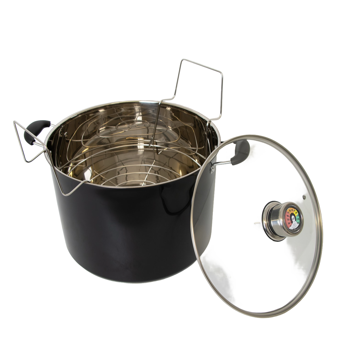 Black water bath canner with stainless steel interior, removable wire rack, and a clear glass lid featuring a built-in temperature gauge, ideal for Kitchen & Food, Food Preservation, and Canning collections.