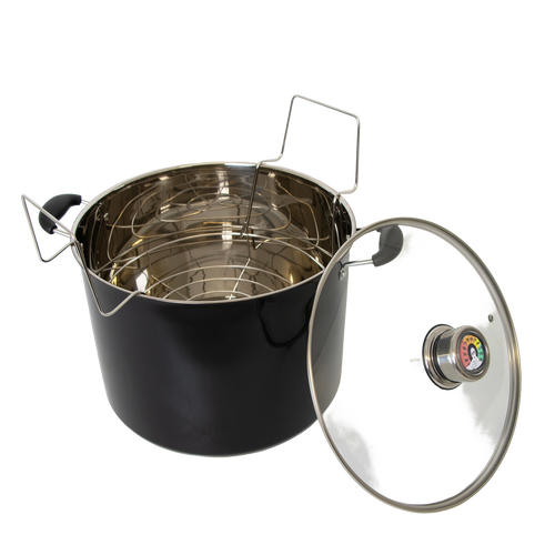 Black water bath canner with stainless steel interior, removable wire rack, and a clear glass lid featuring a built-in temperature gauge, ideal for Kitchen & Food, Food Preservation, and Canning collections.