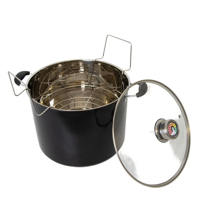 Black water bath canner with stainless steel interior, removable wire rack, and a clear glass lid featuring a built-in temperature gauge, ideal for Kitchen & Food, Food Preservation, and Canning collections.