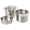 Brushed stainless steel multi-cooker set including an 8-quart stockpot with glass lid, perforated insert, and steaming basket, ideal for Kitchen & Food, Cookware, Pots and Pans collections.