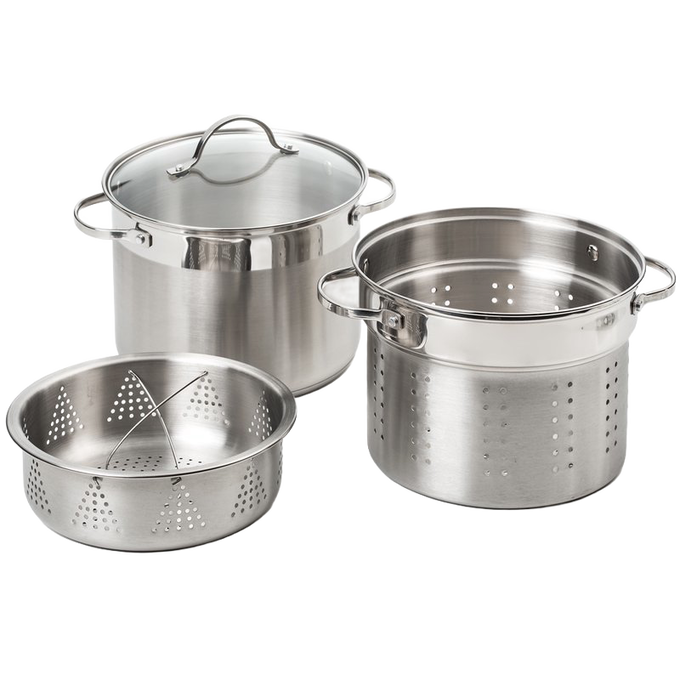 Brushed stainless steel multi-cooker set including an 8-quart stockpot with glass lid, perforated insert, and steaming basket, ideal for Kitchen & Food, Cookware, Pots and Pans collections.