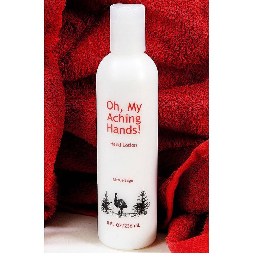 White 8 oz lotion bottle labeled Oh My Aching Hands with citrus-sage scent, featuring black tree and bird illustrations, handcrafted and made in USA for Health & Wellness, Balms and Lotions, and Best Sellers collections.