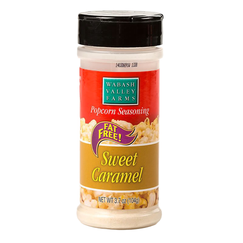 Clear plastic shaker bottle of sweet caramel fat-free popcorn seasoning with red and gold label, made in USA, featured in Kitchen & Food, Snacks and Sweets, Popcorn collections.