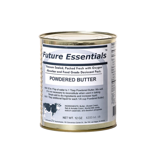 12 oz can of powdered butter with detailed usage instructions and ingredients label, designed for long shelf life and ideal for Farm, Garden & Tool, Kitchen & Food, Emergency Supplies, Food, Pantry, USA Made, and Best Sellers collections.