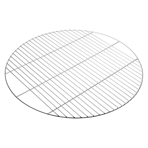 Round chrome plated steel grill grate with three heavy crossbars, designed for use on 24-1/2" fire rings and fire pits; ideal for camping, grilling, and outdoor cooking.