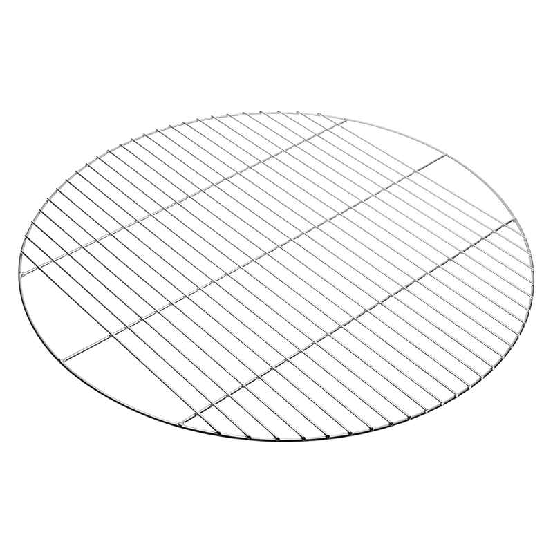 Round chrome plated steel grill grate with three heavy crossbars, designed for use on 24-1/2" fire rings and fire pits; ideal for camping, grilling, and outdoor cooking.