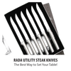 Set of six stainless steel utility steak knives with sleek brushed metal handles, presented in a gift box, ideal for kitchen use and food preparation with USA-made quality.