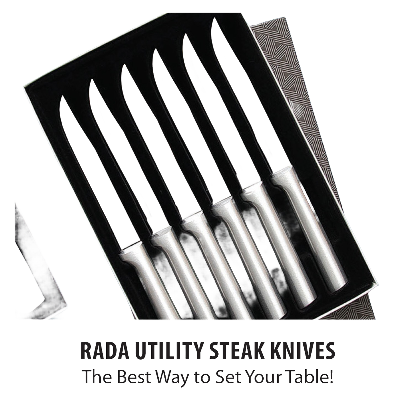 Set of six stainless steel utility steak knives with sleek brushed metal handles, presented in a gift box, ideal for kitchen use and food preparation with USA-made quality.